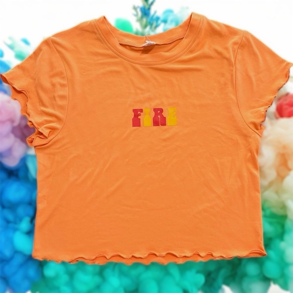 Rue21 Tops - NWT Rue21 “Fire” Graphic Orange Cropped Tee Short Sleeve Ruffled Hem Medium